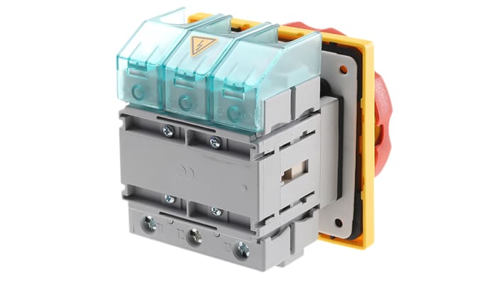 Interruttore di isolamento Siemens 3LD2704-0TK53, 3P 100A 690V IP65 per montaggio a pannello. Manopola rossa, ideale per arresto d'emergenza.