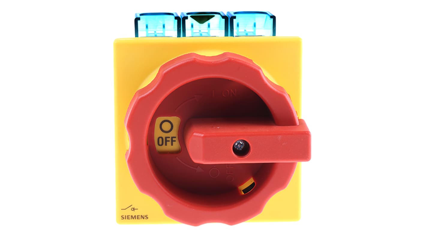 Interruttore di isolamento Siemens 3LD2804-0TK53 3P 125A 690V IP65 per montaggio a pannello. Manopola rossa, ideale per arresto d'emergenza.