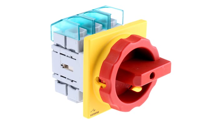 Interruttore di isolamento Siemens 3LD2804-0TK53 3P 125A 690V IP65 per montaggio a pannello. Manopola rossa, ideale per arresto d'emergenza.