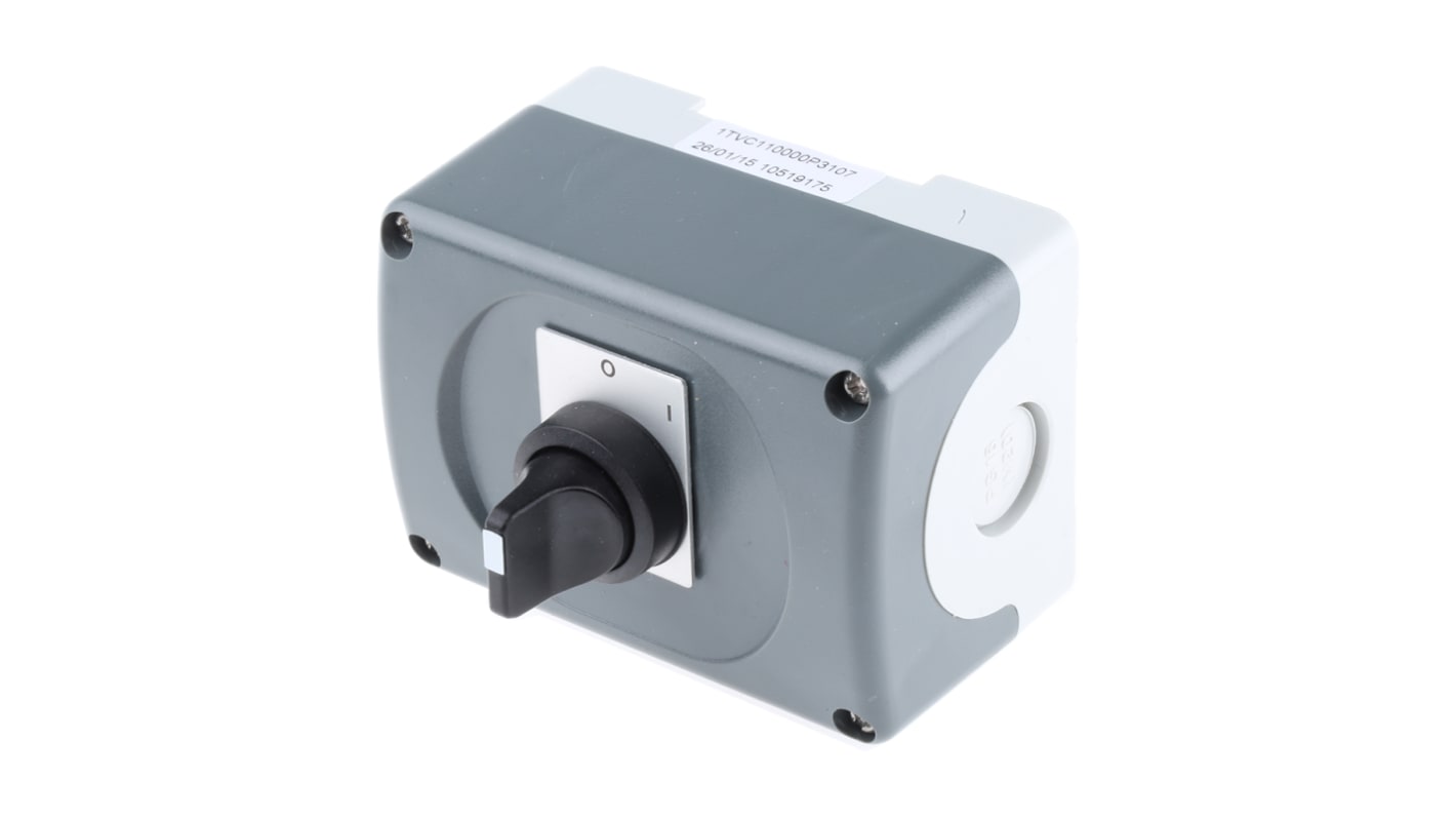 Interruttore stazione di controllo ABB con selettori a due e tre posizioni, grado di protezione IP65, dimensioni 43x30x78.5 mm.