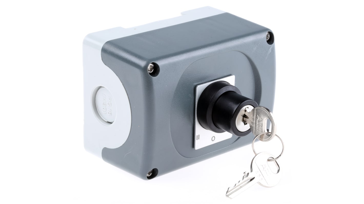 Interruttore stazione di controllo ABB, IP66, con chiave rimovibile, 2 NA, diametro foro 22 mm, robusto per uso interno ed esterno.