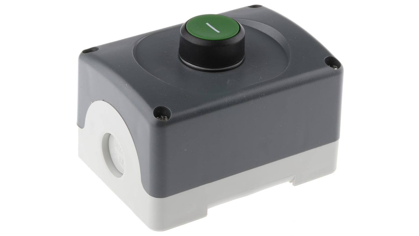 ABB scatola pulsante IP66 per controllo avvio/arresto, dimensioni 75mm x 101mm x 74mm, colore grigio, pulsante verde.