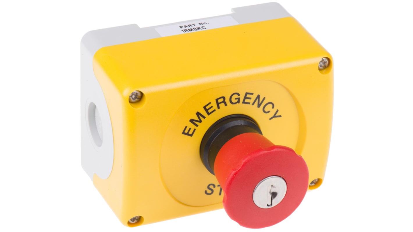 Pulsante di arresto di emergenza ABB, montaggio superficiale, forma rotonda, IP65, 75 mm x 101 mm x 122 mm, conforme a EN418.