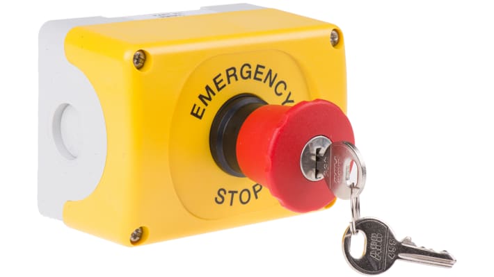 Pulsante di arresto di emergenza ABB, montaggio superficiale, forma rotonda, IP65, 75 mm x 101 mm x 122 mm, conforme a EN418.