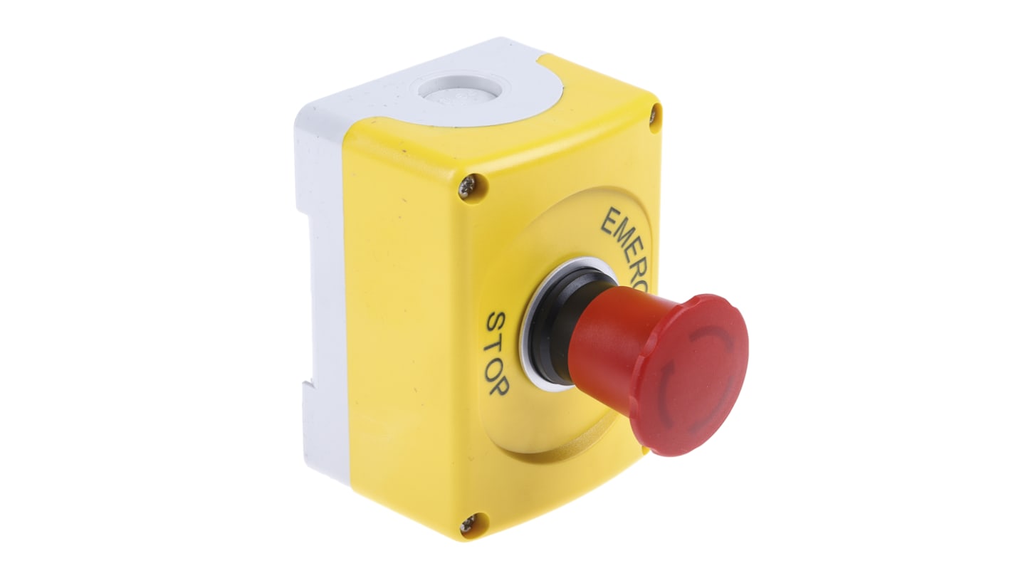 Pulsante di arresto di emergenza ABB, montaggio superficiale, forma rotonda, grado di protezione IP65, dimensioni 101mm x 75mm x 107mm.