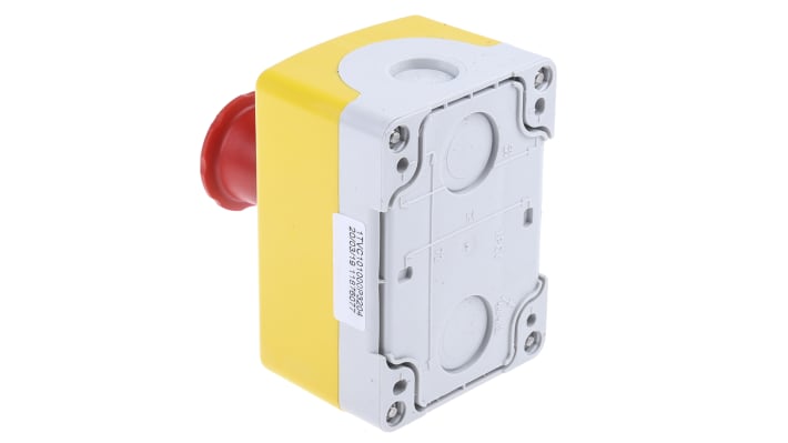 Pulsante di arresto di emergenza ABB, montaggio superficiale, forma rotonda, grado di protezione IP65, dimensioni 101mm x 75mm x 107mm.