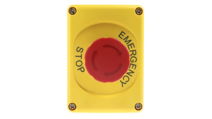 Pulsante di arresto di emergenza ABB, montaggio superficiale, forma rotonda, grado di protezione IP65, dimensioni 101mm x 75mm x 107mm.