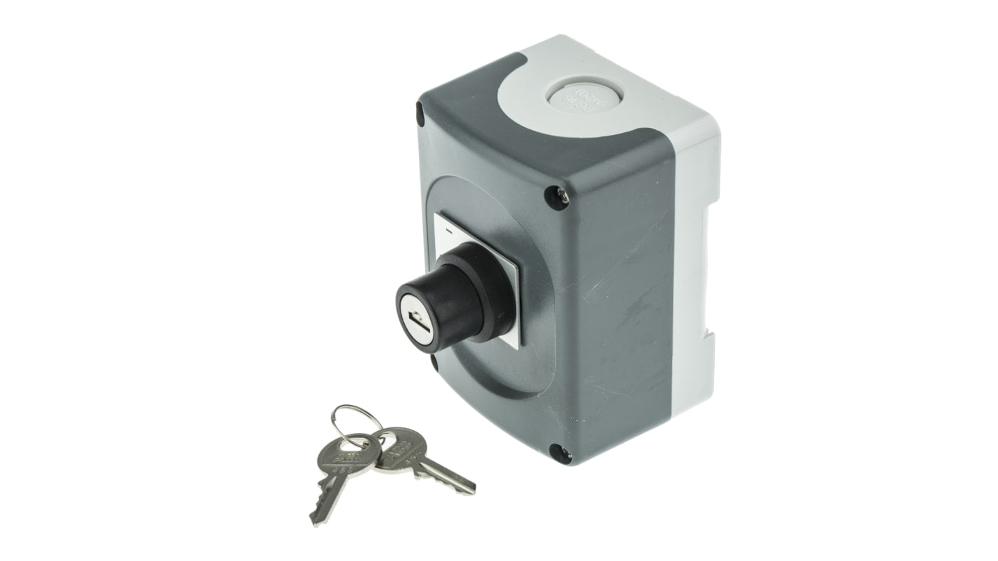 Interruttore stazione di controllo ABB, IP66, con chiave rimovibile e configurazione SPST, per uso interno ed esterno.