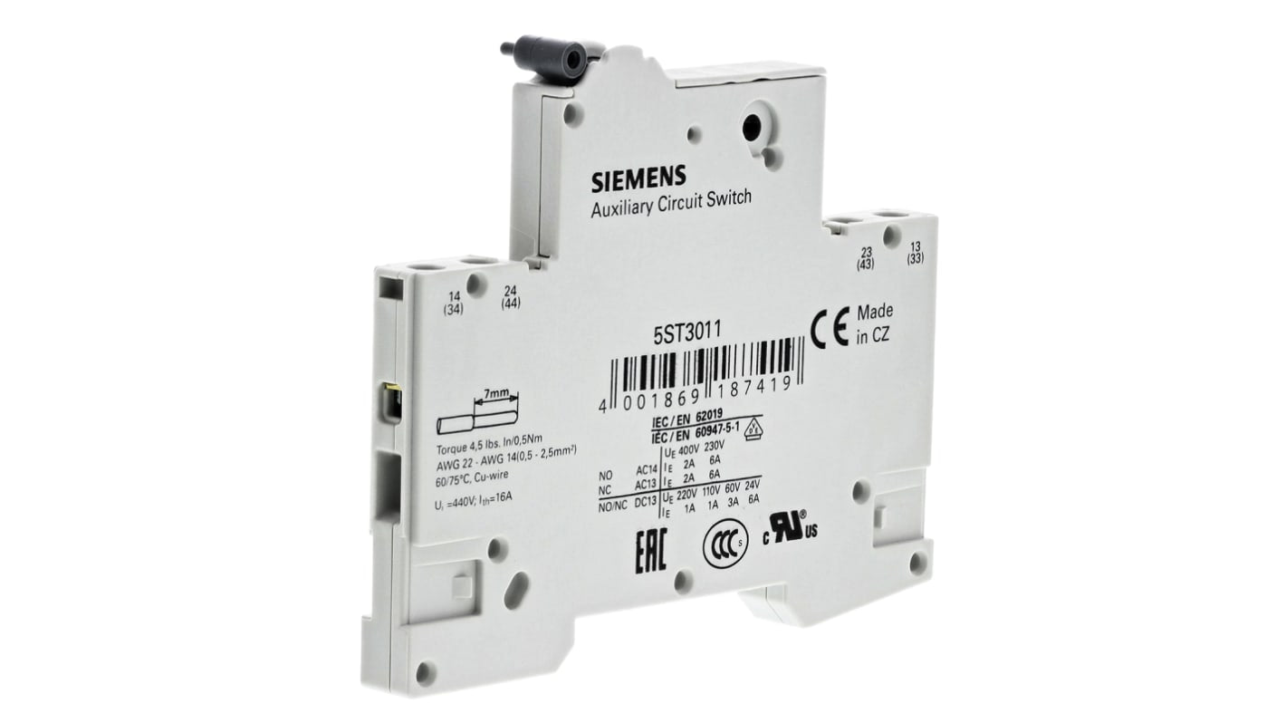 Interruttore di attivazione Siemens 5ST3011 per guida DIN, 2 contatti, 6A, serie 5ST3 - Ideale per applicazioni elettriche.