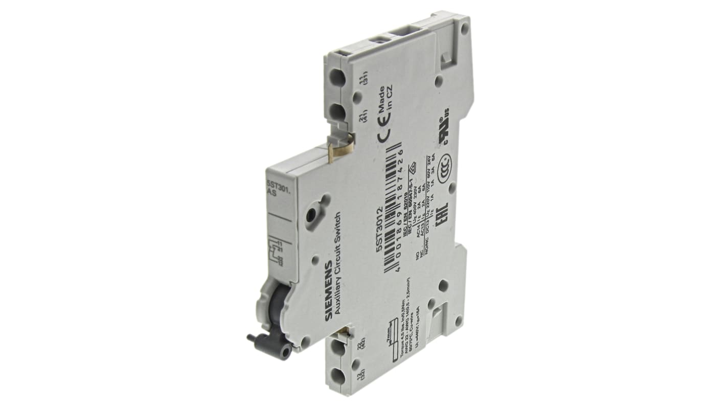 Interruttore di attivazione Siemens 5ST3012 per guida DIN, 2 contatti N/C, serie 5ST3. Ideale per sezionatori fino a 63A.