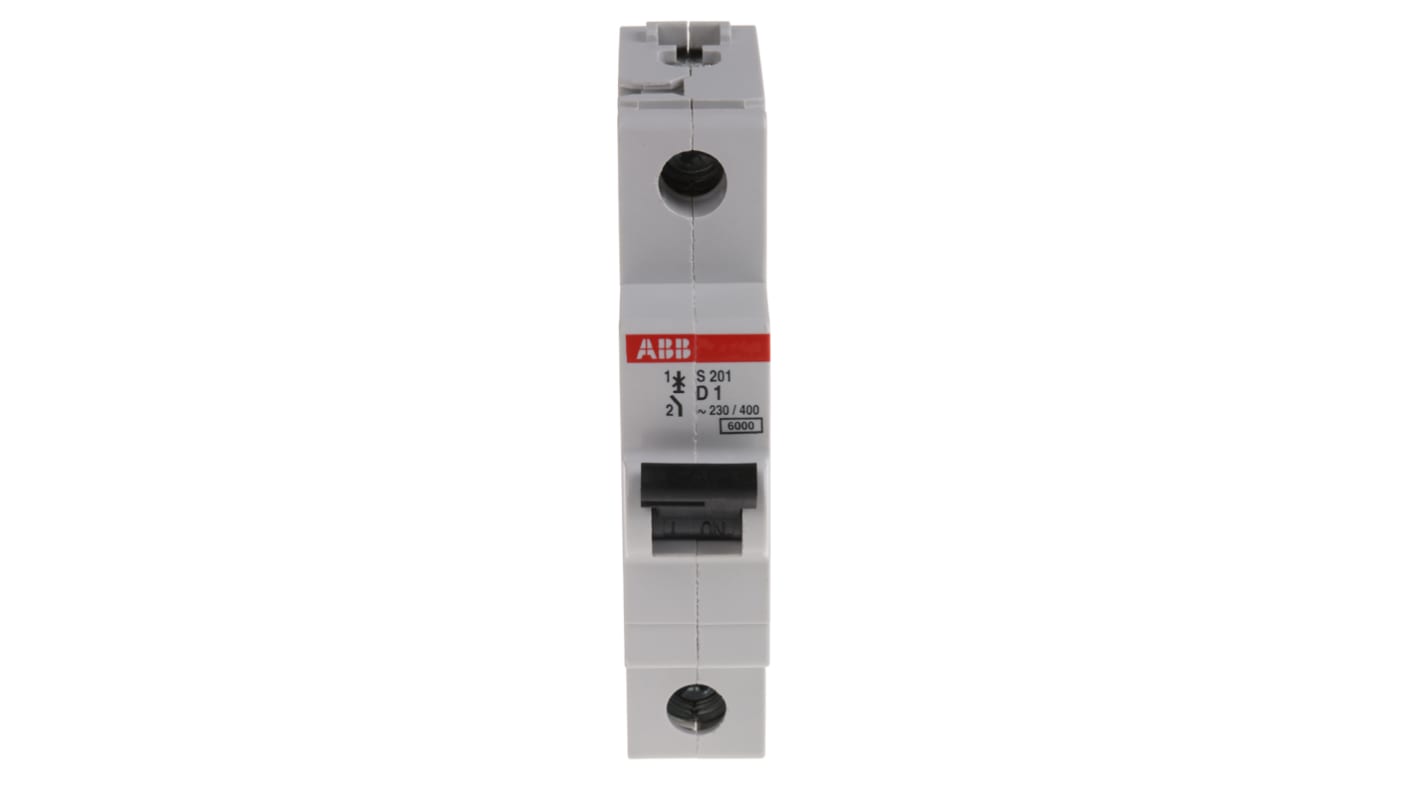 Interruttore magnetotermico ABB S201-D1, 1A, 6 kA, montaggio su guida DIN, dimensioni 17.5 mm x 88 mm x 76 mm.