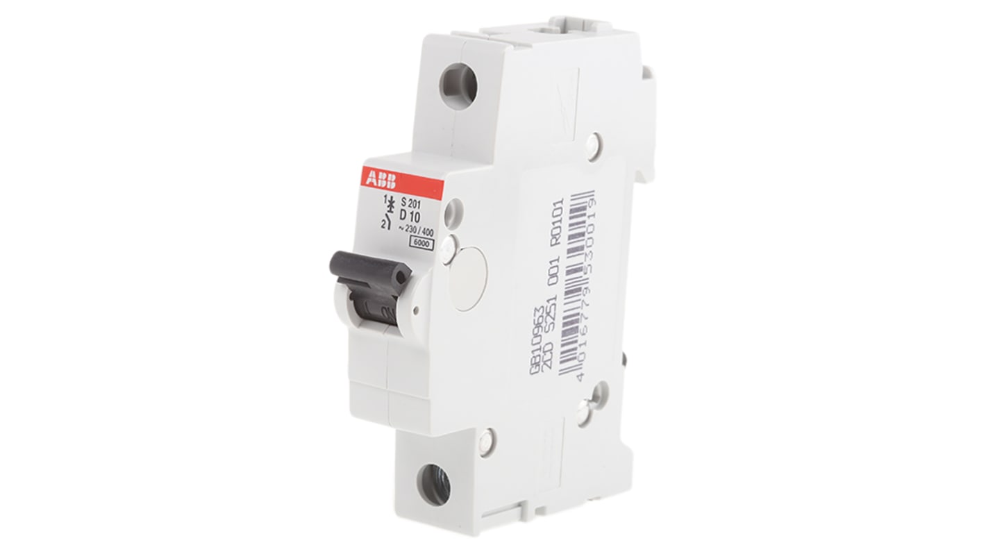 Interruttore magnetotermico ABB S201-D10, unipolare, 10 A, montaggio su guida DIN, dimensioni 88 x 17.5 x 76 mm.