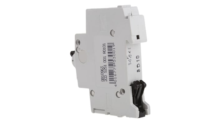 Interruttore magnetotermico ABB S201-D10, unipolare, 10 A, montaggio su guida DIN, dimensioni 88 x 17.5 x 76 mm.