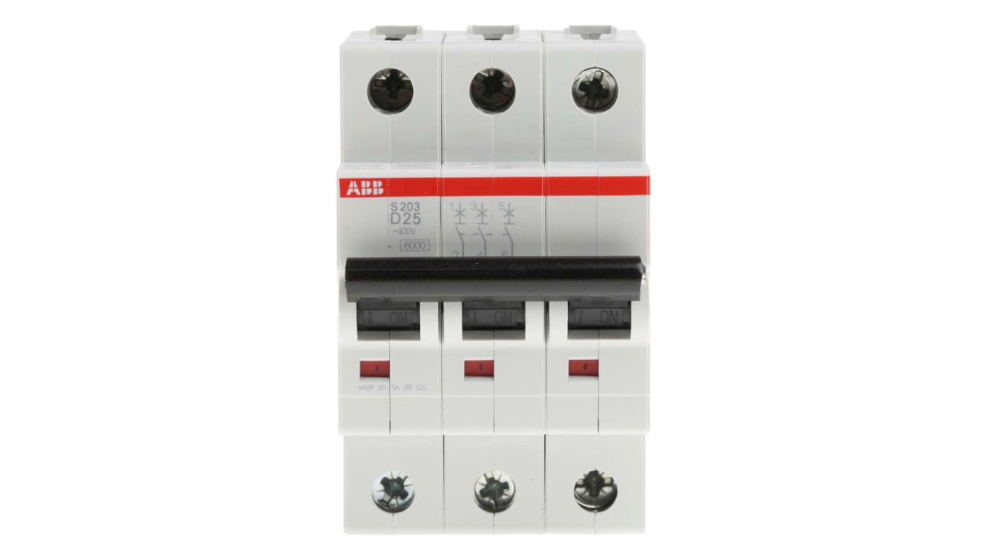 Interruttore magnetotermico ABB S203-D25, 3 poli, 25A, montaggio su guida DIN, dimensioni 52,5x88x76 mm, per circuiti con corrente di spunto elevata.