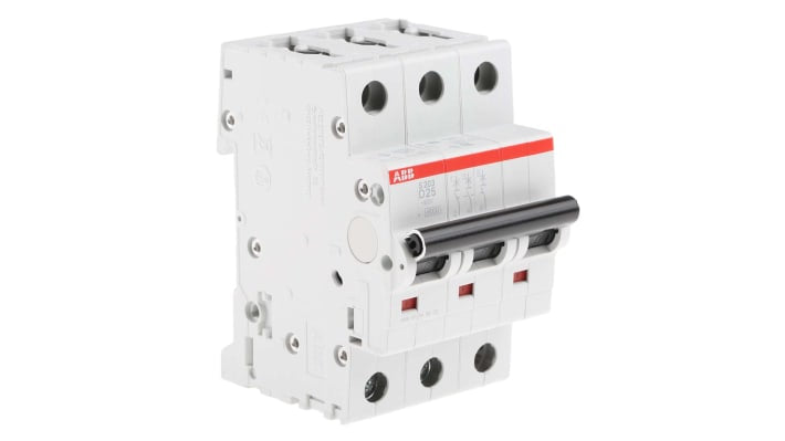 Interruttore magnetotermico ABB S203-D25, 3 poli, 25A, montaggio su guida DIN, dimensioni 52,5x88x76 mm, per circuiti con corrente di spunto elevata.