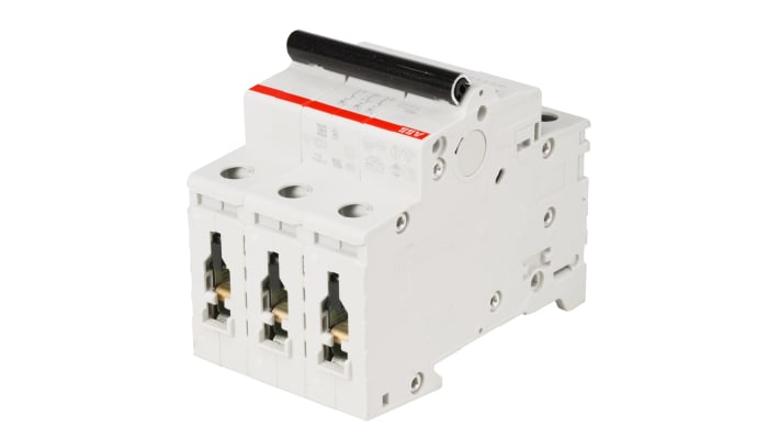Interruttore magnetotermico ABB S203-D32, 3 poli, 32 A, montaggio su guida DIN, dimensioni 88 x 52,5 x 69 mm.