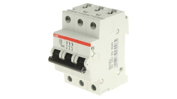 Interruttore magnetotermico ABB S203-D40, 3 poli, 40 A, montaggio su guida DIN, dimensioni 88 x 52.5 x 76 mm.