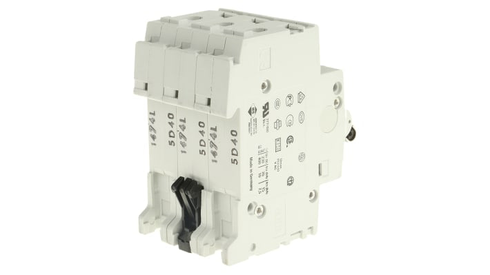 Interruttore magnetotermico ABB S203-D40, 3 poli, 40 A, montaggio su guida DIN, dimensioni 88 x 52.5 x 76 mm.