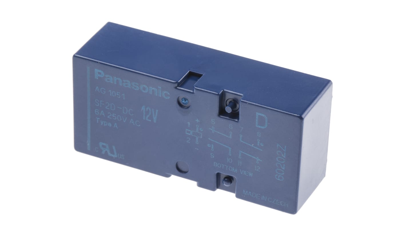 Relè DPDT Panasonic SF2D-DC12V, 12V cc, montaggio su PCB, corrente 6A, dimensioni 53.3mm x 16mm x 25mm.