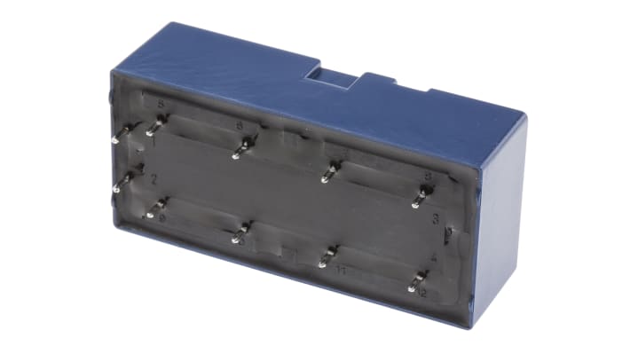 Relè DPDT Panasonic SF2D-DC12V, 12V cc, montaggio su PCB, corrente 6A, dimensioni 53.3mm x 16mm x 25mm.