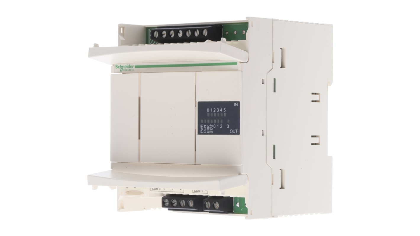 Modulo logico Schneider Electric TWDLCDA10DRF, 6 ingressi, 4 uscite relè, montaggio su guida DIN, dimensioni 90 x 80 x 70 mm.