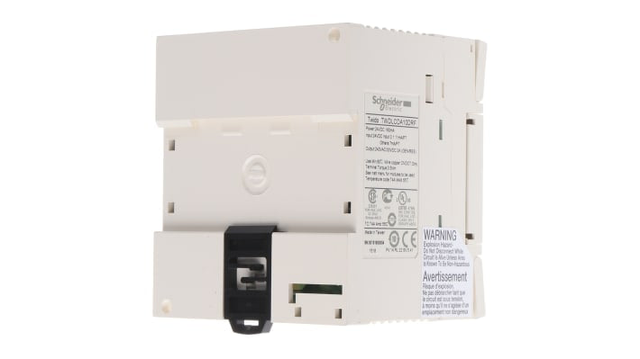 Modulo logico Schneider Electric TWDLCDA10DRF, 6 ingressi, 4 uscite relè, montaggio su guida DIN, dimensioni 90 x 80 x 70 mm.