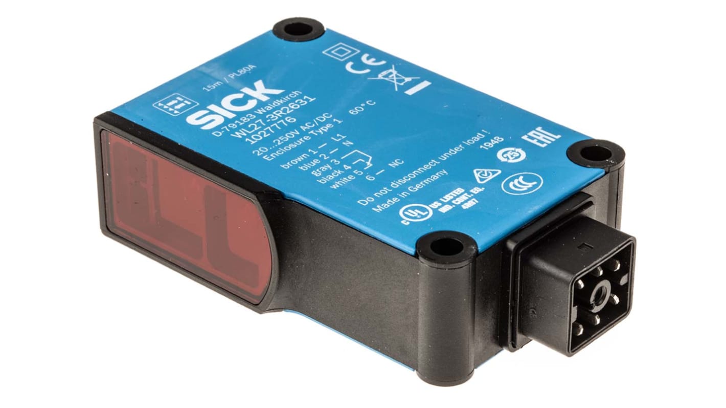Sensore fotoelettrico rettangolare Sick WL27-3R2631 a retroriflessione, rilevamento 100 mm-15 m, uscita relè, IP65, montaggio a pannello.
