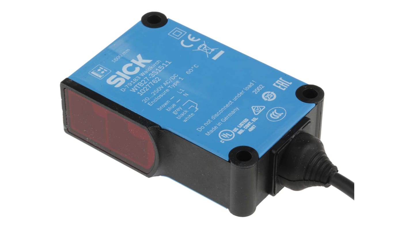 Sensore fotoelettrico rettangolare Sick WTB27-3S1511, rilevamento da 30 mm a 1,6 m, montaggio a pannello, custodia in ABS, IP66/IP67.