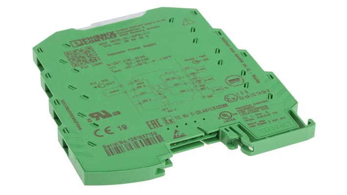 Condizionatore di segnale Phoenix Contact 2864422, montaggio su guida DIN, alimentazione 24V cc, dimensioni 6,2 x 93,1 x 102,5 mm.