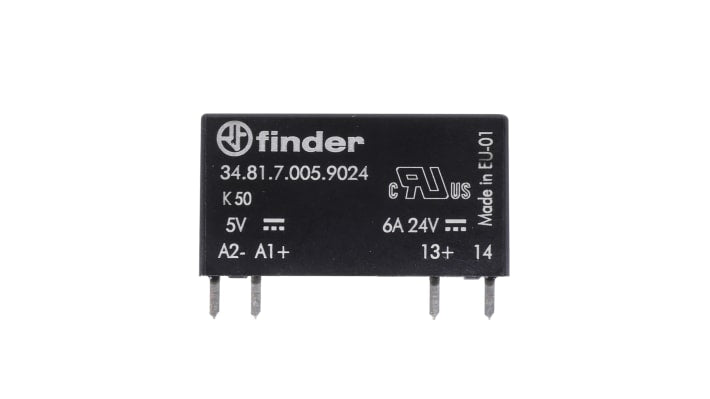 Finder 34.81.7.005.9024, relè a stato solido ultrasottile per PCB, 6 A, 24 V c.c., contatto SPST, 28 x 15 x 5 mm.