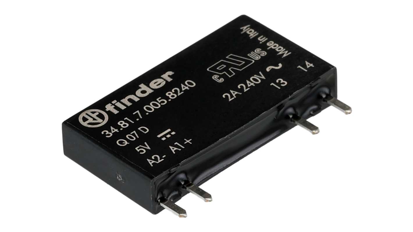 Finder 34.81.7.005.8240, relè a stato solido per circuito stampato, 2 A, 240 V ac, dimensioni 28 x 15 x 5 mm.