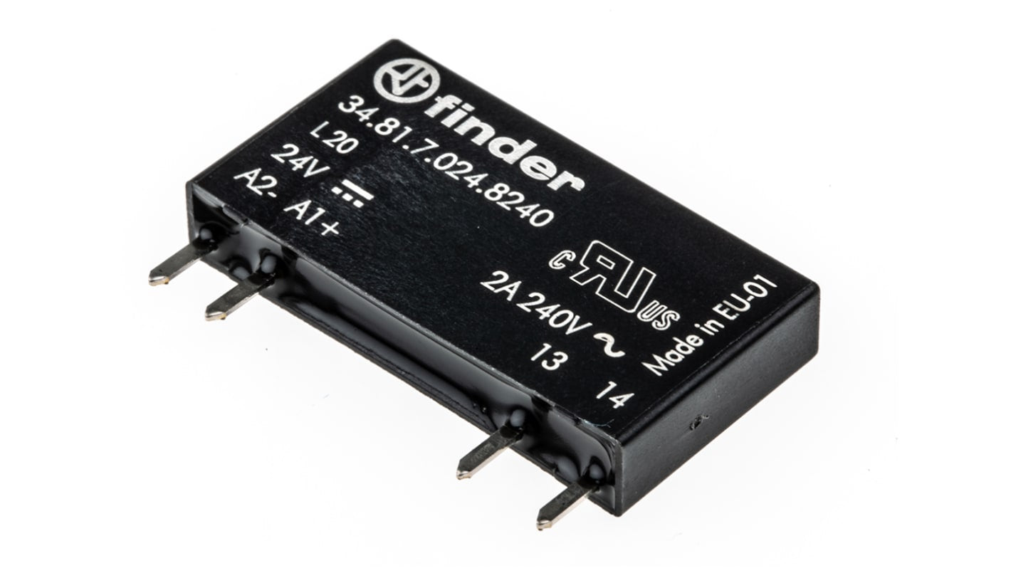 Finder 34.81.7.024.8240, relè a stato solido per montaggio su PCB, 2 A, 240 V ac, dimensioni 28 x 15 x 5 mm.