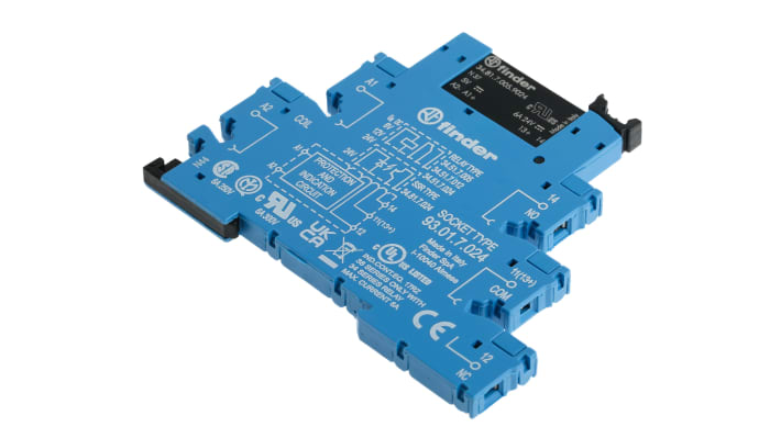 Finder 38.81.7.006.9024, modulo relè d'interfaccia SPST per guida DIN, 6V cc, dimensioni 87.9 x 75.6mm.