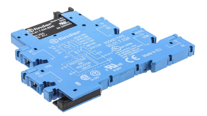 Finder 38.81.7.024.8240, relè d'interfaccia SPST per guida DIN, tensione bobina 24V cc, dimensioni 87.9 x 75.6mm.