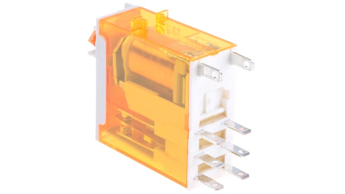 Finder 46.52.8.110.0040, relè di potenza DPDT, bobina 110V, dimensioni 32,8 x 29 x 12,4 mm, corrente 8 A.