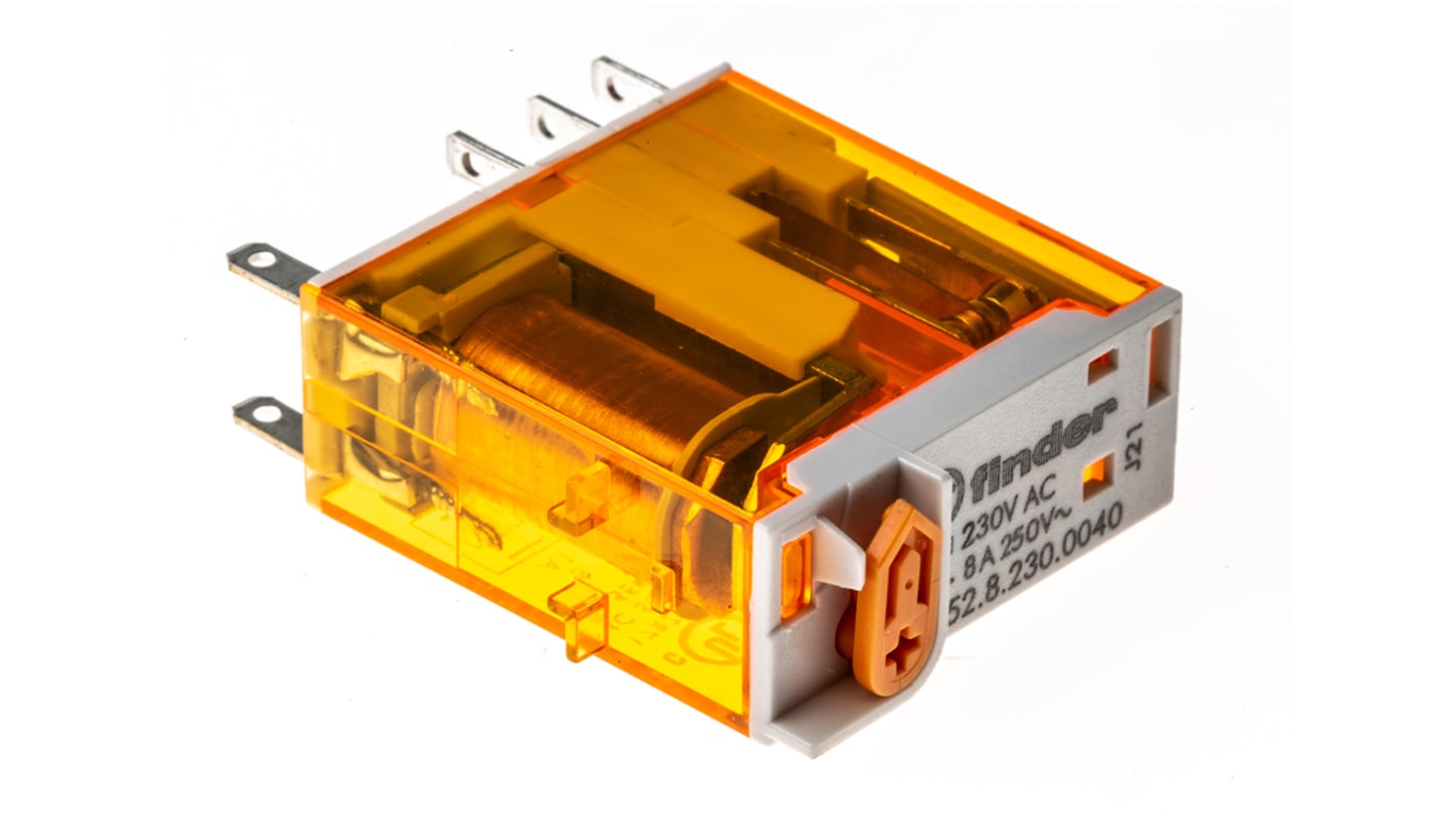 Relè di potenza Finder 46.52.8.230.0040, DPDT, bobina 230V, corrente 8A, dimensioni 32.8x29x12.4 mm.