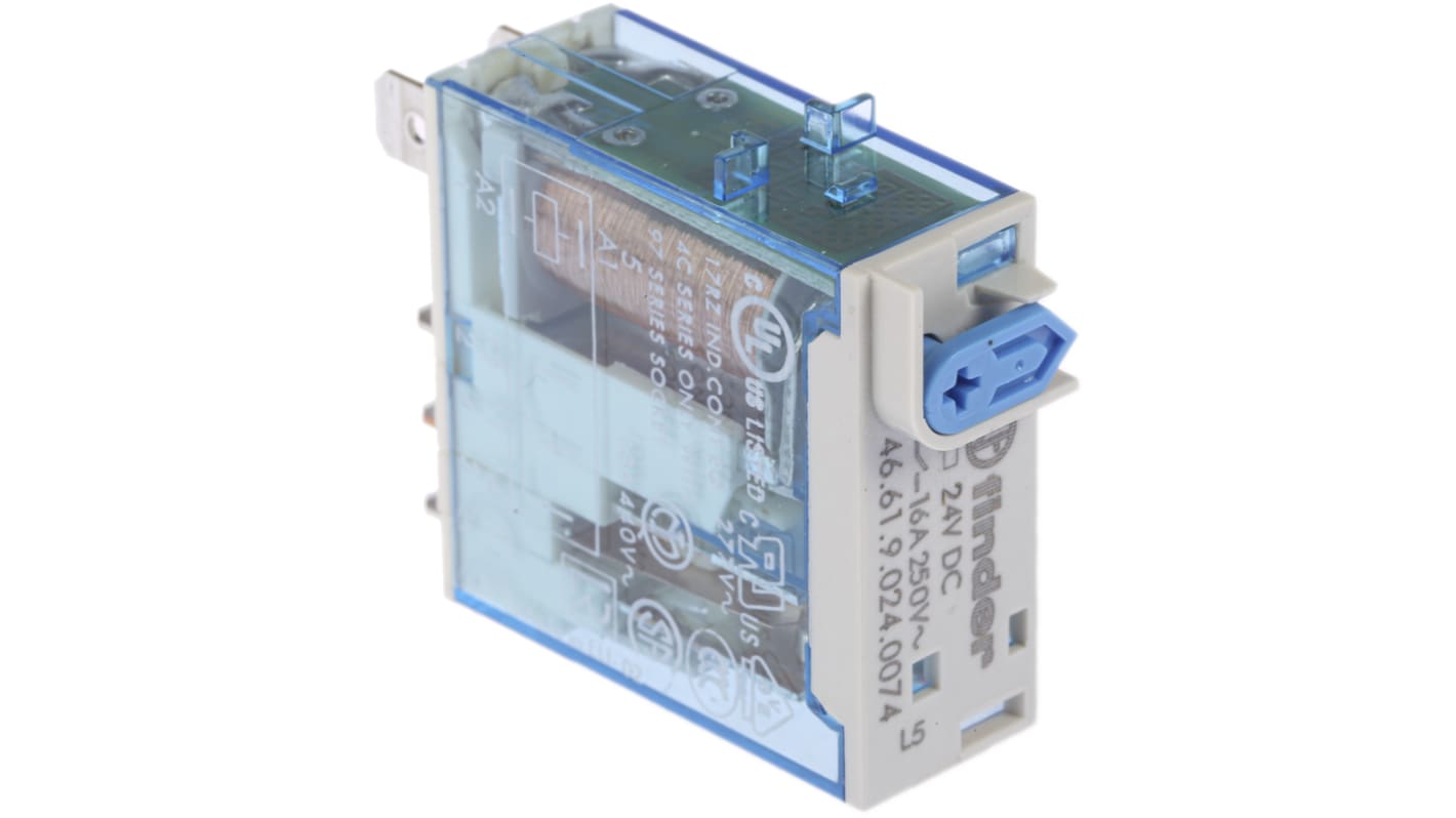 Finder 46.61.9.024.0074, relè monostabile SPDT 24V cc, corrente 16A, dimensioni 29mm x 12.4mm x 32.8mm, approvato cULus.