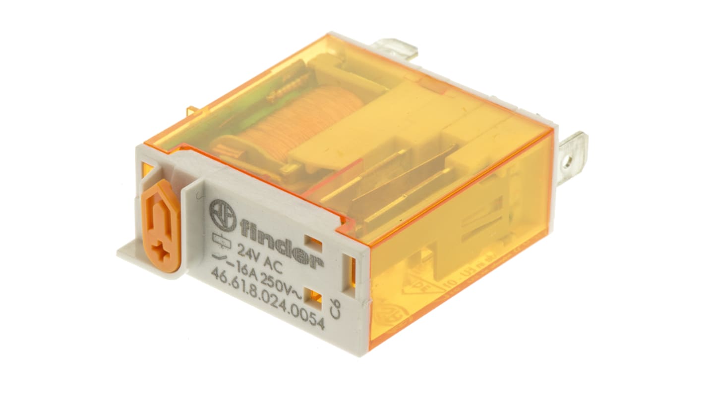 Finder 46.61.8.024.0054, relè di potenza SPDT 24V, montaggio su PCB, corrente 16A, dimensioni 32,8 x 29 x 12,4 mm.