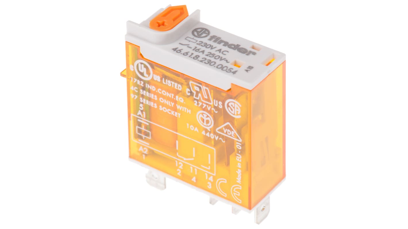 Finder 46.61.8.230.0054, relè di potenza SPDT per montaggio su PCB, 16A, 230V, dimensioni 29x32.8x12.4mm.