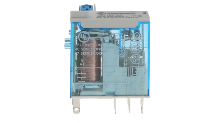 Finder 46.52.9.012.0074, relè DPDT 12V cc per montaggio su PCB, corrente 8A, dimensioni 32,8 x 29 x 12,4 mm.