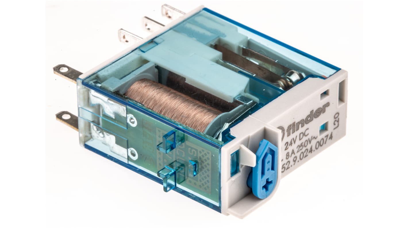 Finder 46.52.9.024.0074, relè DPDT 24V cc, corrente 8A, dimensioni 29mm x 32.8mm x 12.4mm, approvato UL.