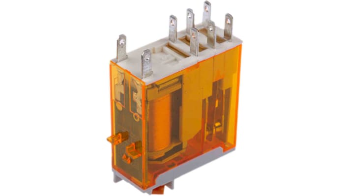 Finder 46.52.8.230.0054, relè DPDT 230V, corrente 8A, dimensioni 29mm x 32.8mm x 12.4mm, approvato UL.