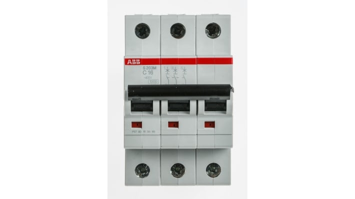 Interruttore magnetotermico ABB 3 poli, Tipo C, 16A, montaggio su guida DIN, dimensioni 88x52.5x69 mm, capacità di interruzione 10 kA.