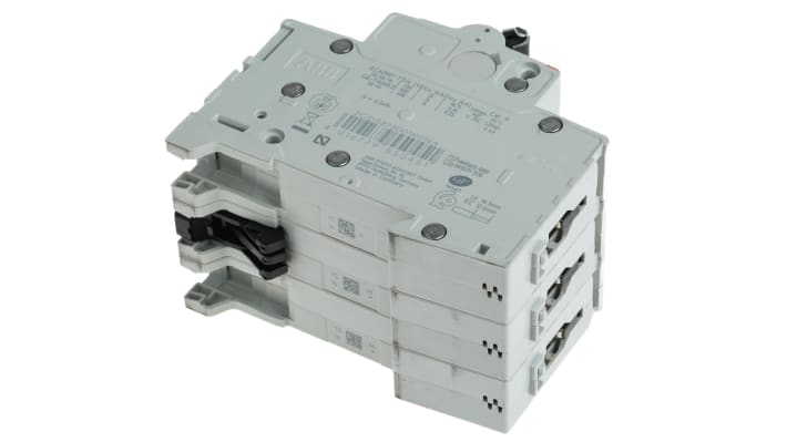 Interruttore magnetotermico ABB 3 poli, Tipo C, 16A, montaggio su guida DIN, dimensioni 88x52.5x69 mm, capacità di interruzione 10 kA.