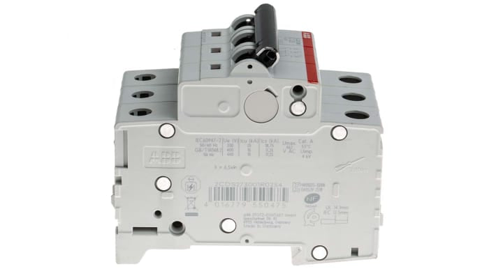 Interruttore magnetotermico ABB 3 poli, 25 A, Tipo C, montaggio su guida DIN, dimensioni 88 x 52.5 x 76 mm.