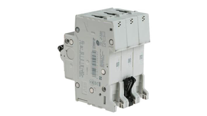 Interruttore magnetotermico ABB S203M-C32, tripolare 32A, montaggio su guida DIN, dimensioni 69mm x 52.5mm x 76mm.