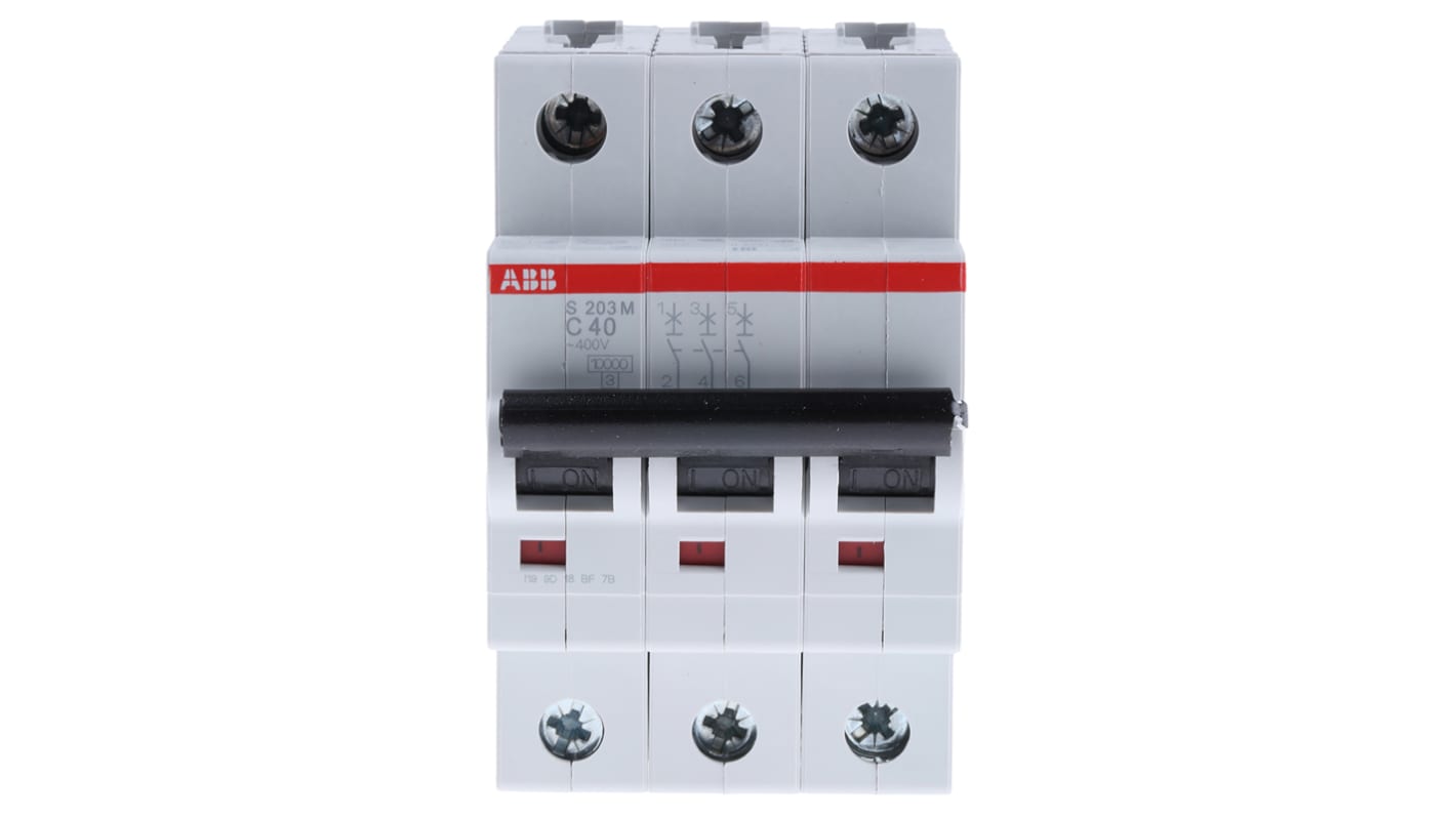 Interruttore magnetotermico ABB S203M-C40, 3 poli, 40A, montaggio su guida DIN, dimensioni 88mm x 52.5mm x 69mm.