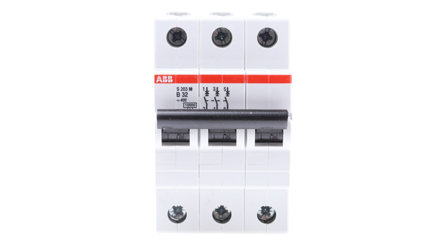 Interruttore magnetotermico ABB S203M-B32, tripolare, 32A, montaggio su guida DIN, dimensioni 52,5x88x76 mm.
