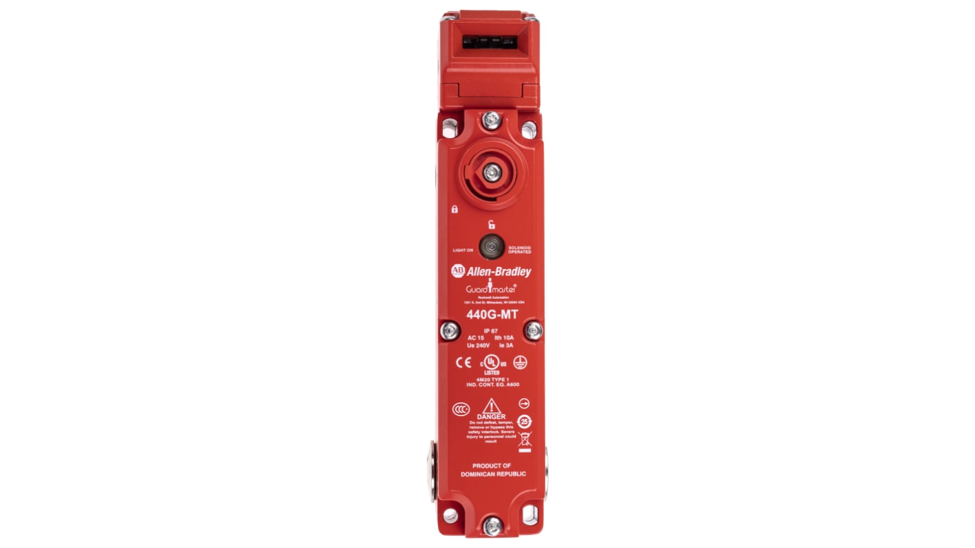 Interruttore di interblocco a solenoide Allen Bradley Guardmaster 440G-MT47007, 24V, IP67, forza di tenuta 1600N, dimensioni 46.75mm x 199mm x 40mm.