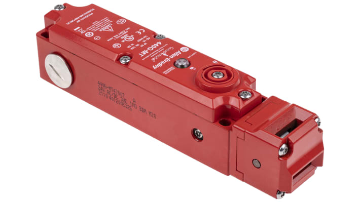 Interruttore di interblocco a solenoide Allen Bradley Guardmaster 440G-MT47007, 24V, IP67, forza di tenuta 1600N, dimensioni 46.75mm x 199mm x 40mm.
